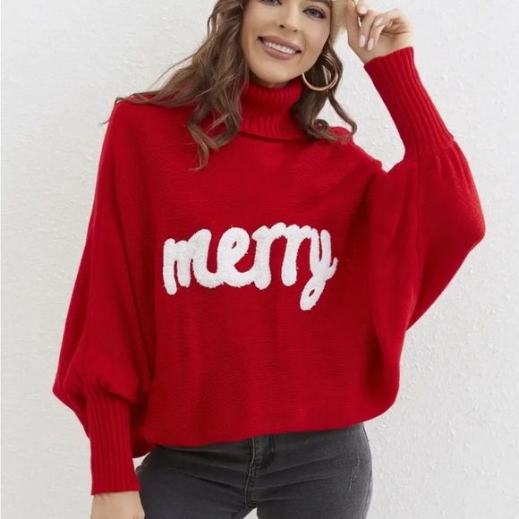New Red Merry Christmas Holiday Sweater Turtleneck Dolman Long Sleeves White NWT - Picture 5 of 16